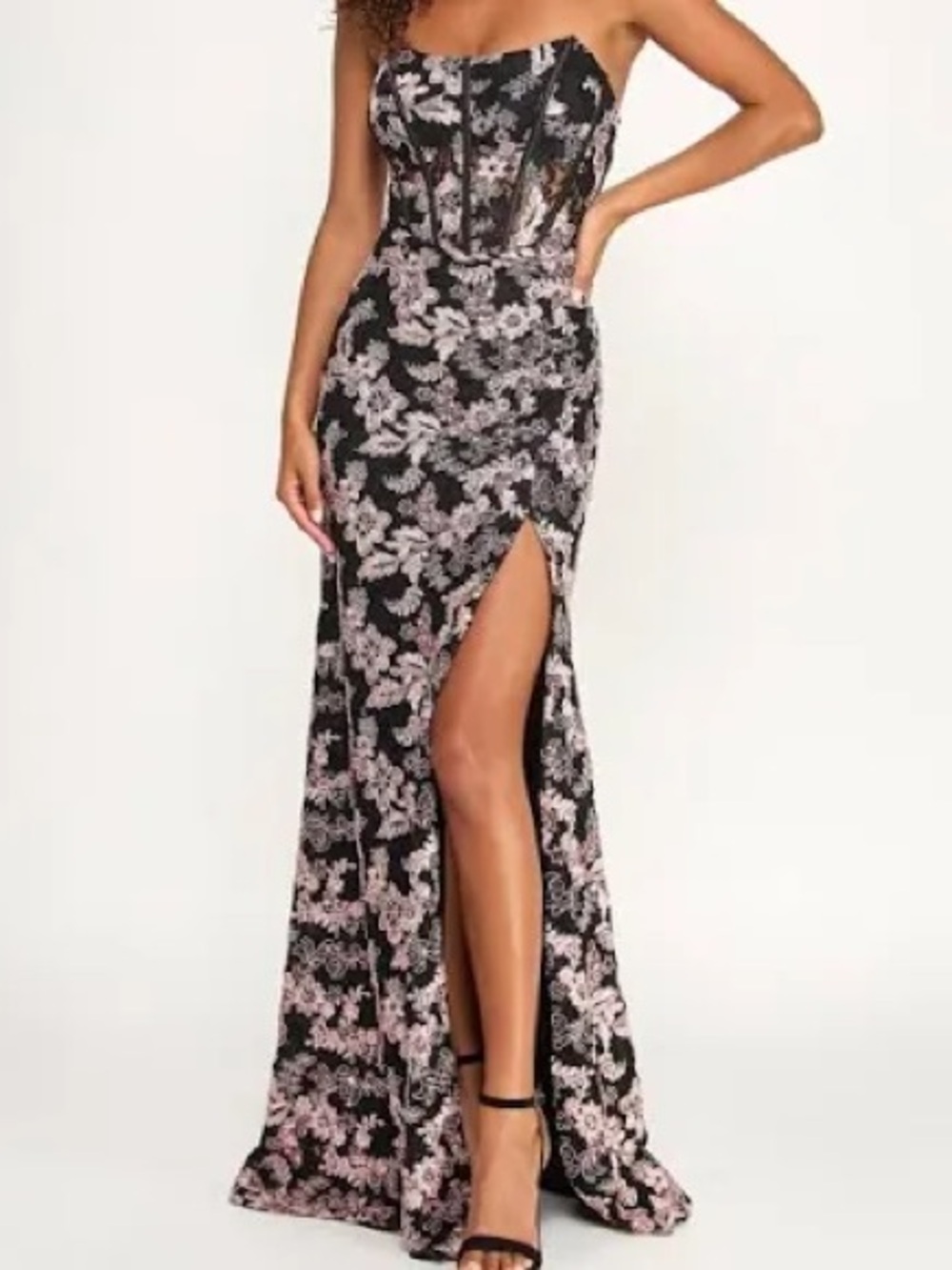 Emerald Sundae Black Strapless Floral Lace Gown with Pink Accents